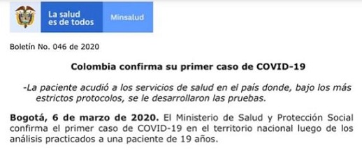 Primer caso de Coronavirus 19 en Colombia