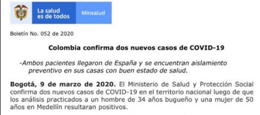 Confirmados dos nuevos casos de Covid19 en Colombia